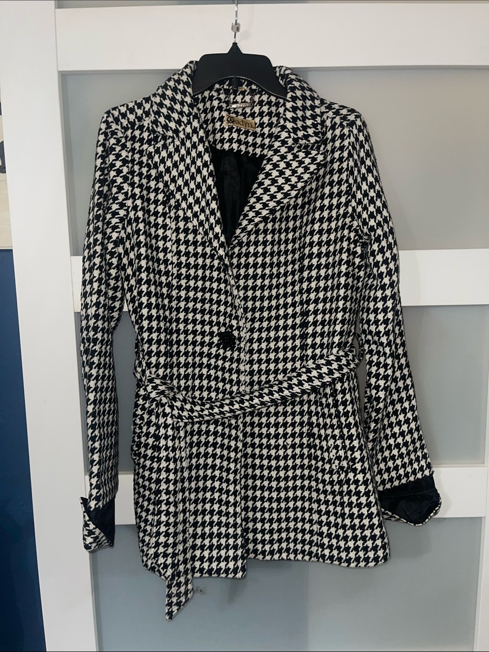 Black & White Houndstooth Pea Coat with Belt